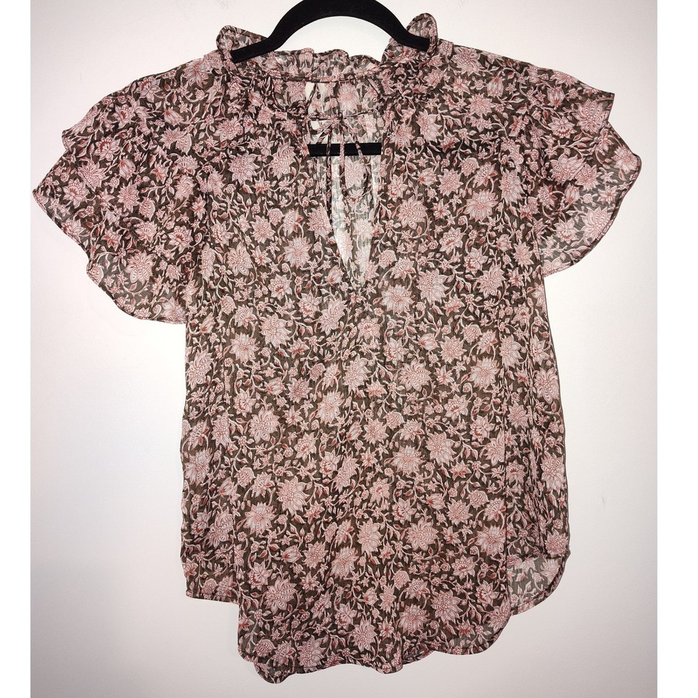 Anthropologie Floral Ruffle Neck Blouse Pink Olive Green Sheer Flutter Sleeve XS